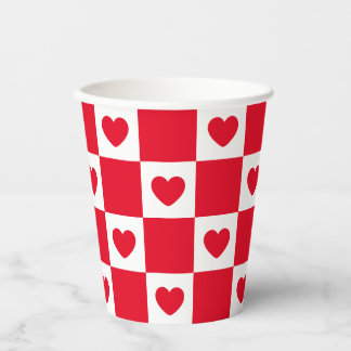 Red Chequered Heart Pattern Paper Cups