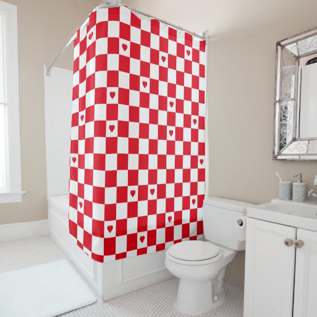 Red Chequered Pattern Background Shower Curtain (In Situ)