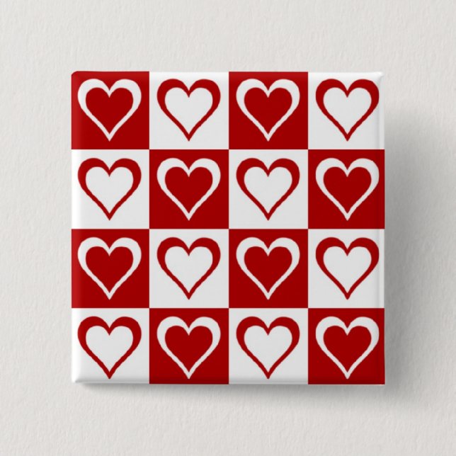 Red Chequered pattern with Hearts 15 Cm Square Badge (Front)