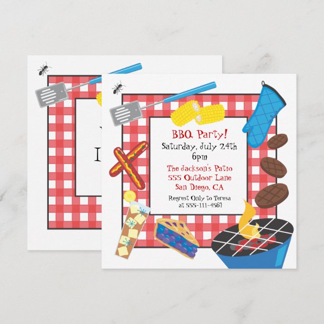 Red Chequered Picnic Barbecue Party Invitation (Front/Back)
