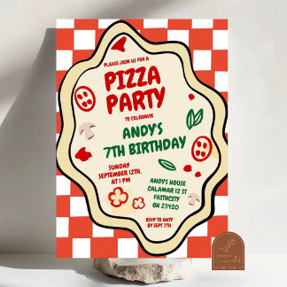 Red Chequered Pizza Party Italian Kids Birthday Invitation