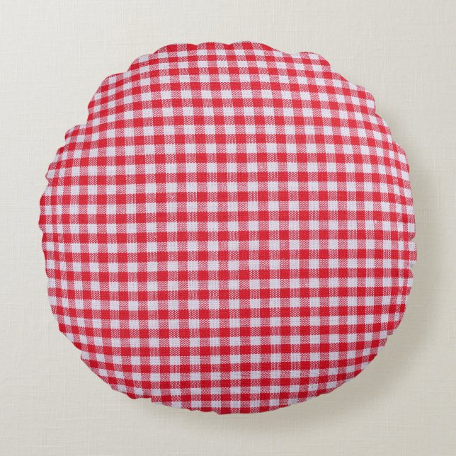 Red Chequered Tablecloth Close-Up. Round Cushion (Front)