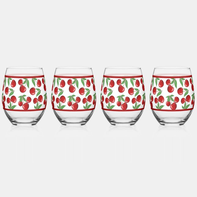 Red Cherries All Over Pattern Stemless Wine Glass (Front)