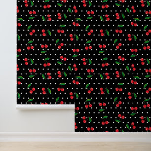 Red Cherries and Polka Dots Rockabilly Patterned Wallpaper