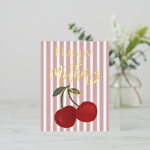 Red Cherries and Stripes Mother's Day   Foil Holiday Postcard