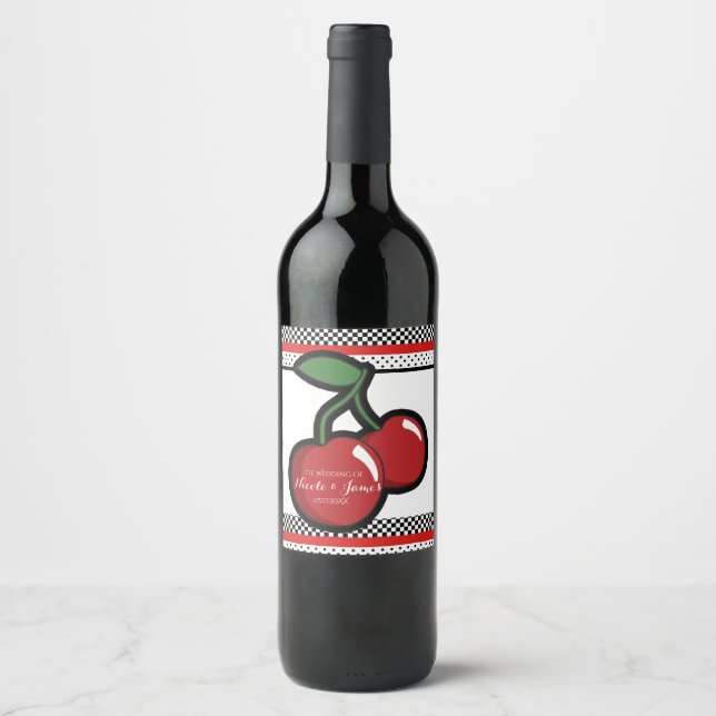 Red Cherries Black Custom Retro Custom Wine Label (Front)
