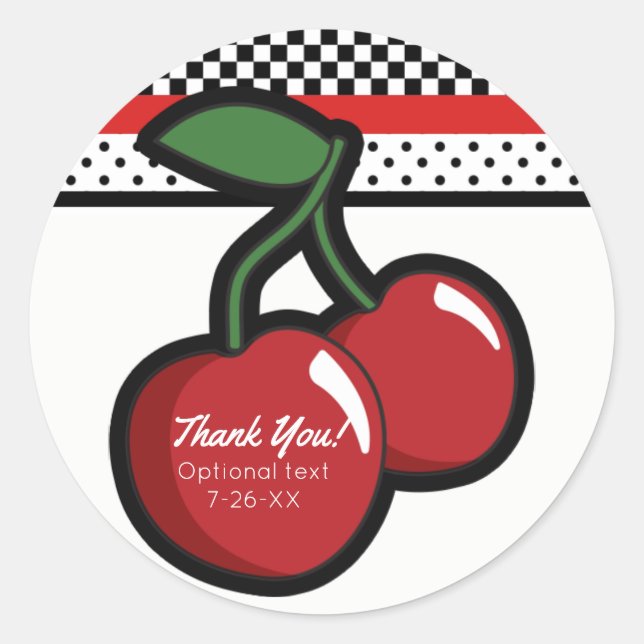Red Cherries Black Custom Retro Party Favour Classic Round Sticker (Front)