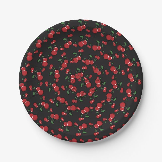 Red Cherries Black or Any Colour Birthday Party Paper Plate (Front)