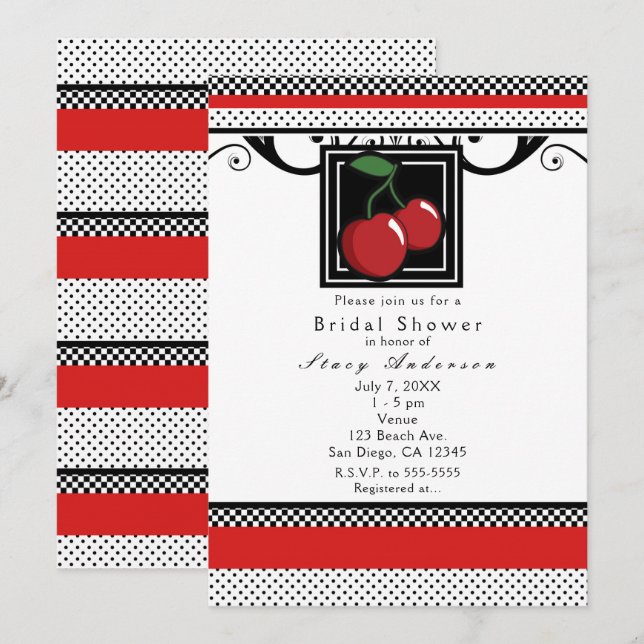 Red Cherries Black White & Red Invitations (Front/Back)