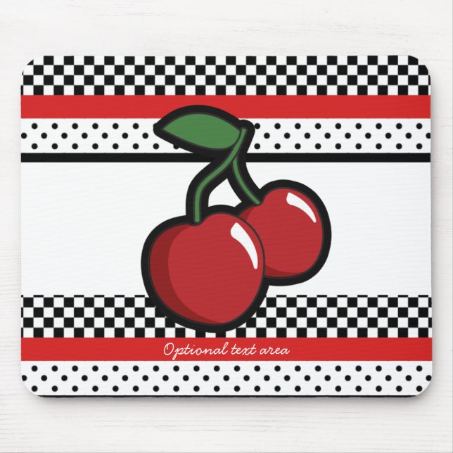 Red Cherries Black White Red Retro Personalised Mouse Mat (Front)