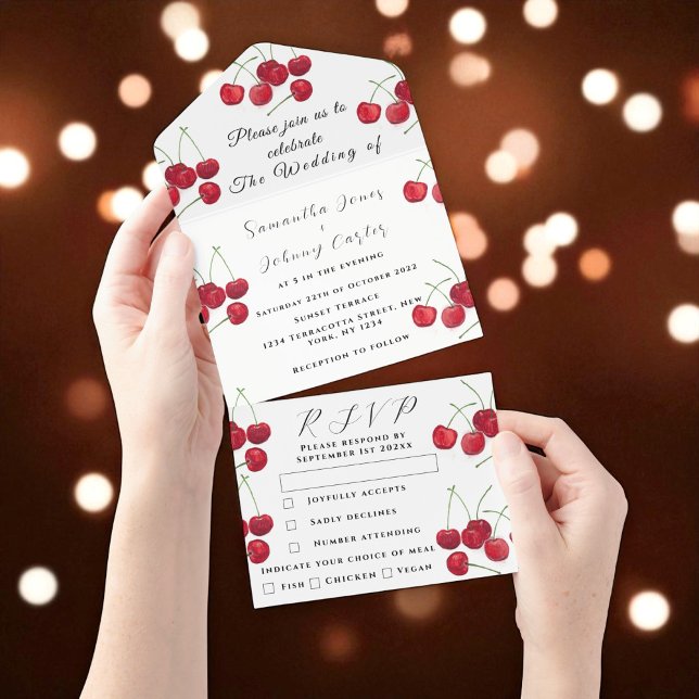 Red Cherries Fruit Elegant Rustic Wedding All In One Invitation (Creator Uploaded)