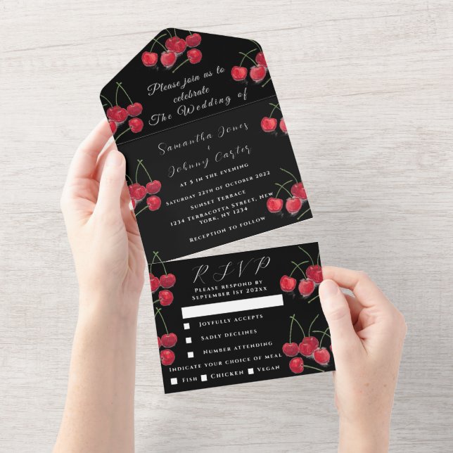Red Cherries Fruit Elegant Rustic Wedding Black All In One Invitation (Tearaway)