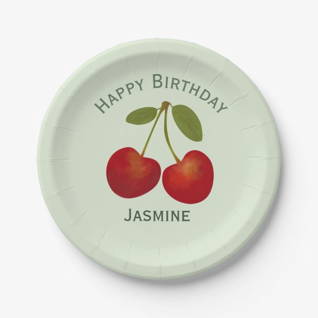 Red cherries fruit, happy birthday paper plate (Front)