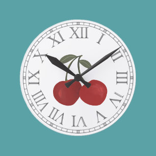 Red Cherries Fruit Illustration Round Clock