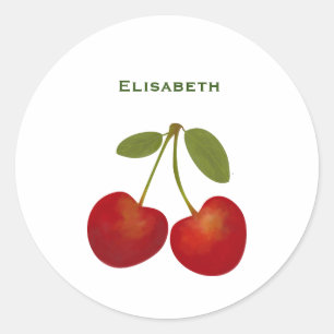 Red cherries fruit personalise name classic round sticker