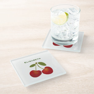 Red cherries fruit personalise name glass coaster
