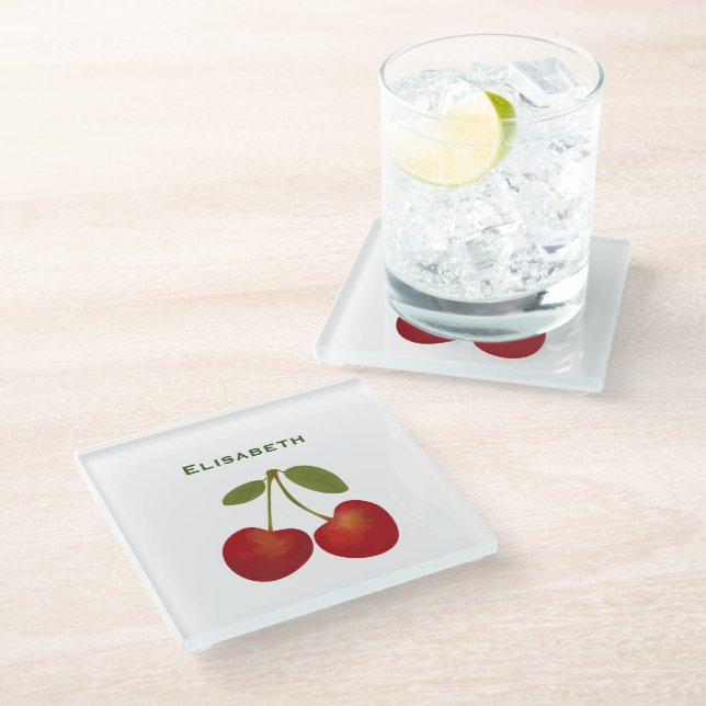 Red cherries fruit personalise name glass coaster (Angled)