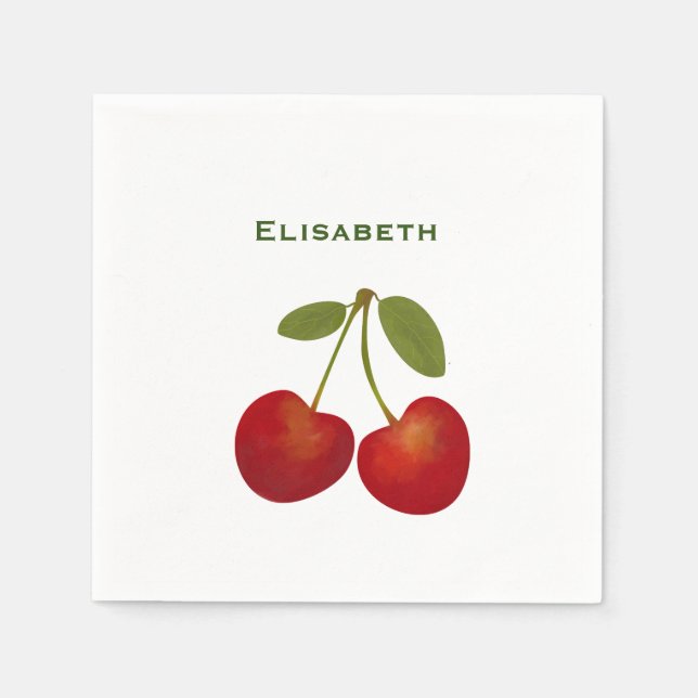 Red cherries fruit personalise name  napkin (Front)
