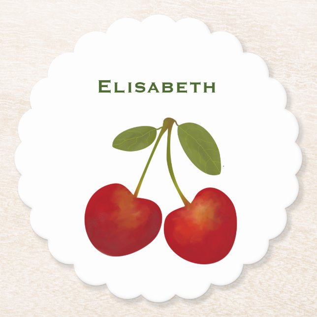 Red cherries fruit personalise name paper coaster (Front)