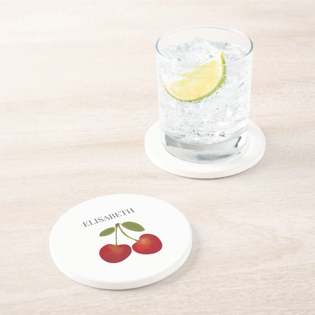Red Cherries Fruit Personalised Name Coaster (Side)