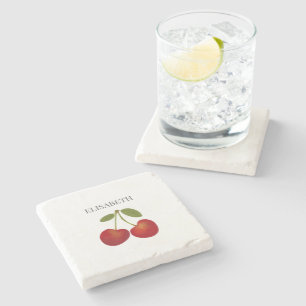 Red Cherries Fruit Personalised Name Stone Coaster