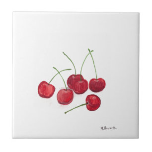 Red cherries fruit watercolor foodie vegan food tile