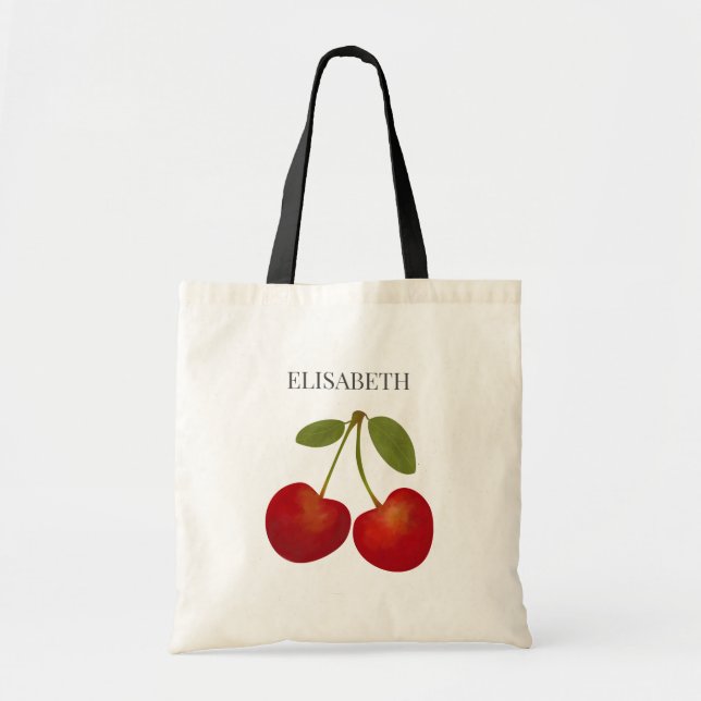 Red Cherries Fruits Personalise Name Custom Tote Bag (Front)