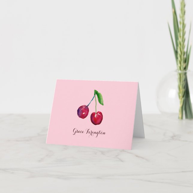 Red Cherries Girly Pink Coquette Hand-Drawn Note Card (Front)