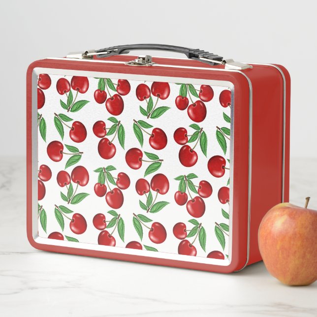 Red Cherries Graphic All Over Pattern Metal Lunch Box (In Situ)