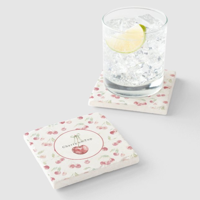 Red Cherries Green Leaves Stone Coaster (Side)