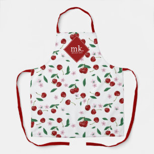 Red Cherries Greenery & Cherry Blossoms Monogram Apron