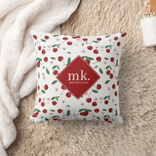 Red Cherries Greenery & Cherry Blossoms Monogram Cushion (Blanket)