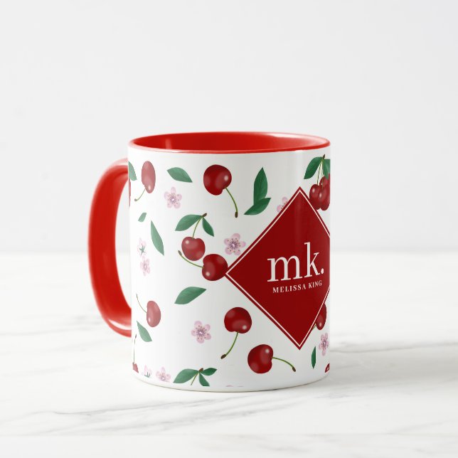 Red Cherries Greenery & Cherry Blossoms Monogram Mug (Front Left)