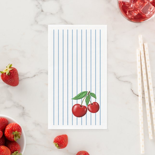 Red Cherries on Blue Stripes Fun Retro Design Napkin (Insitu)