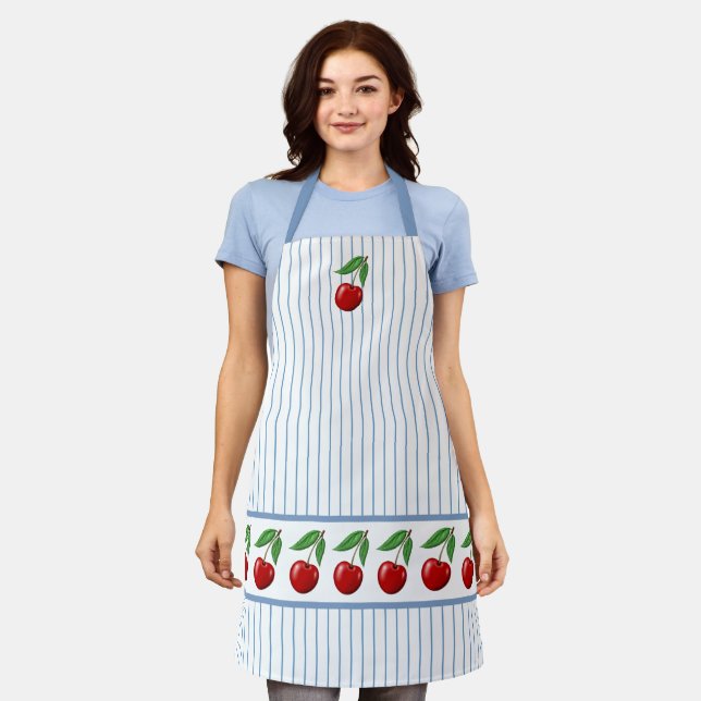 Red Cherries on Blue Stripes Graphic Pattern Apron (Worn)