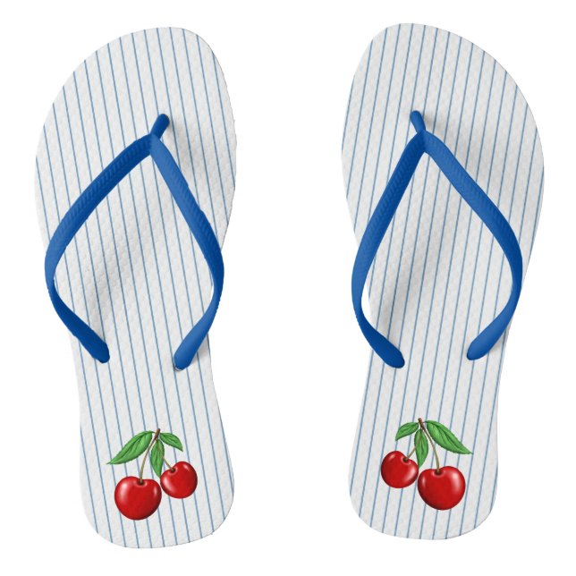 Red Cherries on Blue Stripes Graphic Pattern Flip Flops (Footbed)