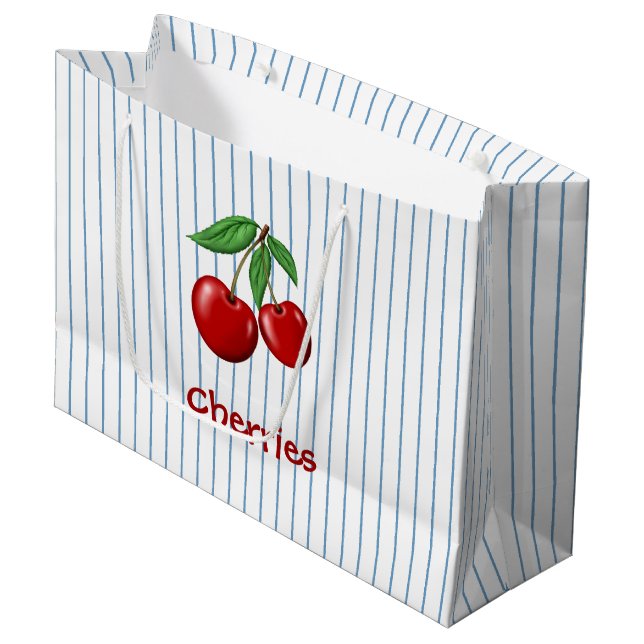 Red Cherries on Blue Stripes Graphic Pattern Large Gift Bag (Front Angled)