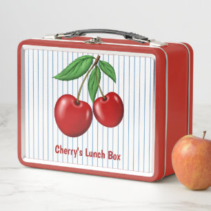 Red Cherries on Blue Stripes Graphic Pattern Metal Lunch Box