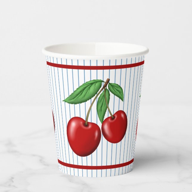 Red Cherries on Blue Stripes Graphic Pattern  Paper Cups (Left)