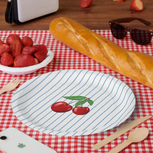 Red Cherries on Blue Stripes Graphic Pattern Paper Plate
