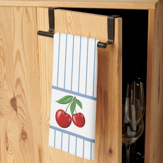 Red Cherries on Blue Stripes Graphic Pattern Tea Towel (Thirds Fold)