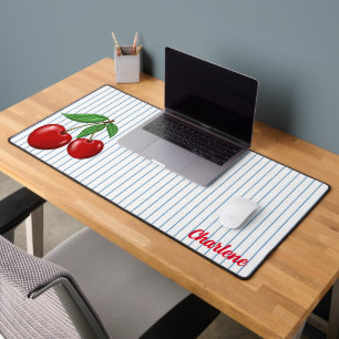 Red Cherries on Blue Stripes Personalised Desk Mat