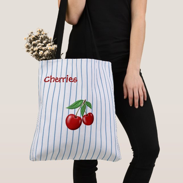 Red Cherries on Blue Stripes Personalised Tote Bag (Close Up)