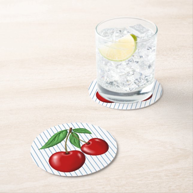 Red Cherries on Blue Stripes Retro Style Round Paper Coaster (Insitu)