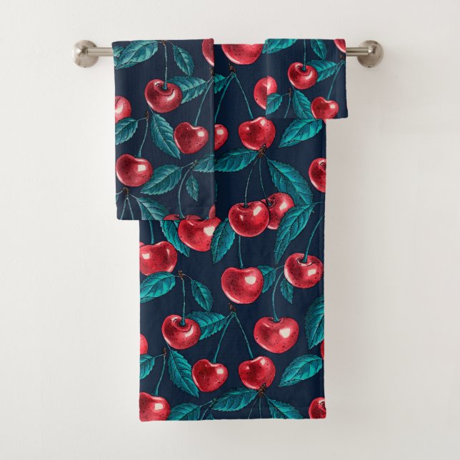 Red cherries on dark blue bath towel set (Insitu)