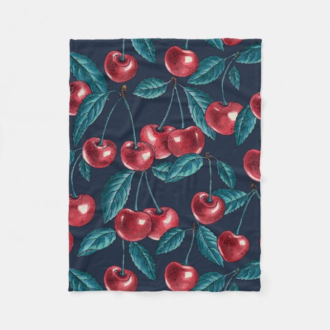 Red cherries on dark blue fleece blanket (Front)
