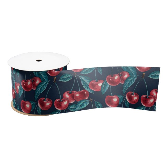 Red cherries on dark blue satin ribbon (Spool)