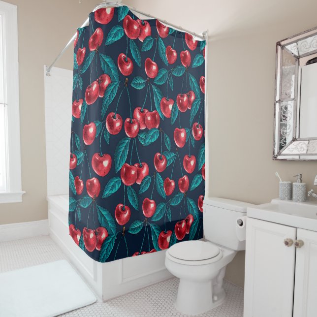 Red cherries on dark blue shower curtain (In Situ)