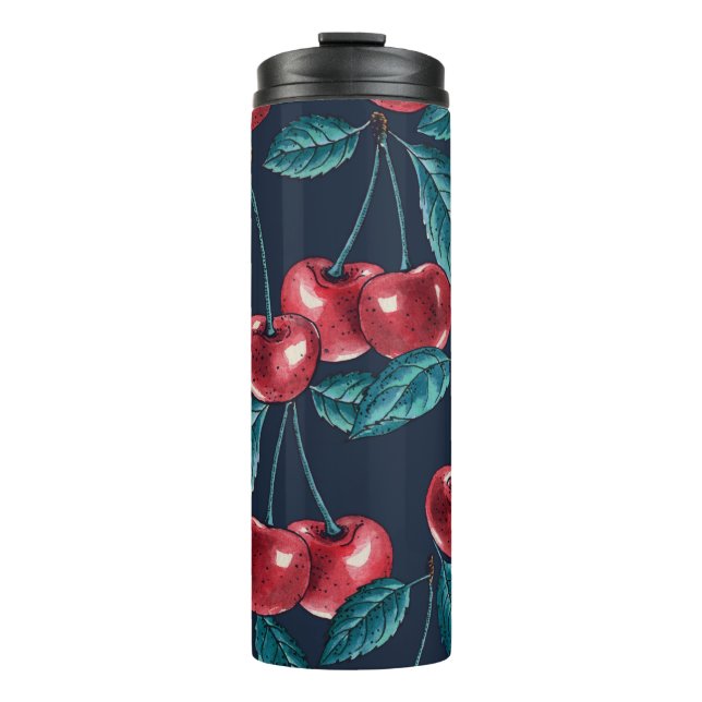 Red cherries on dark blue thermal tumbler (Front)
