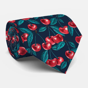 Red cherries on dark blue tie